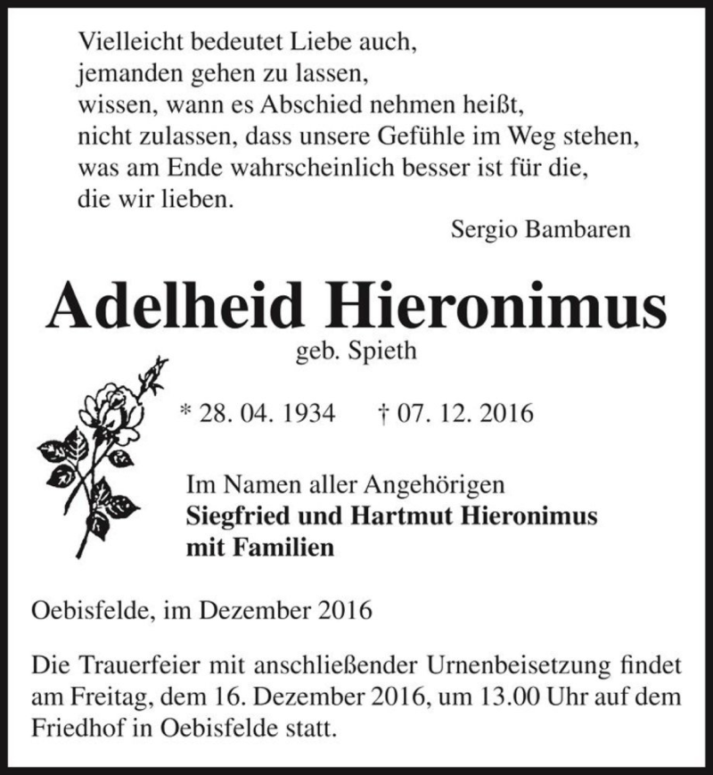  Traueranzeige für Adelheid Hieronimus (geb. Spieth)  vom 09.12.2016 aus Magdeburger Volksstimme