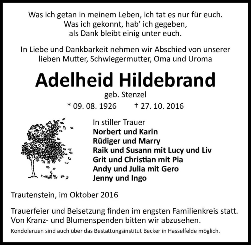  Traueranzeige für Adelheid Hildebrand (geb. Stenzel)  vom 03.11.2016 aus Magdeburger Volksstimme