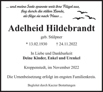 Traueranzeige von Adelheid Hildebrandt (geb. Stülpner)  von Magdeburger Volksstimme