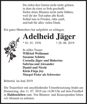Traueranzeige von Adelheid Jäger  von Magdeburger Volksstimme