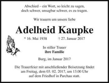 Traueranzeige von Adelheid Kaupke  von Magdeburger Volksstimme