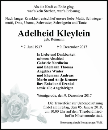 Traueranzeige von Adelheid Kleylein (geb. Reimann)  von Magdeburger Volksstimme