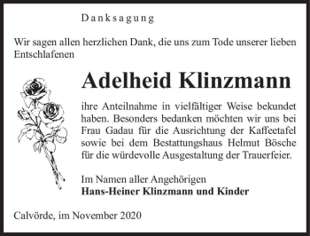 Traueranzeige von Adelheid Klinzmann  von Magdeburger Volksstimme