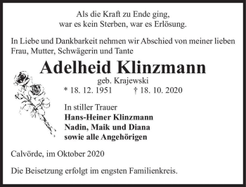 Traueranzeige von Adelheid Klinzmann (geb. Krajewski)  von Magdeburger Volksstimme