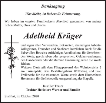 Traueranzeige von Adelheid Krüger  von Magdeburger Volksstimme