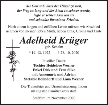 Traueranzeige von Adelheid Krüger (geb. Schalm)  von Magdeburger Volksstimme