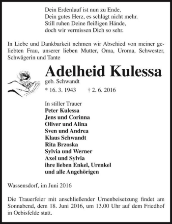 Traueranzeige von Adelheid Kulessa (geb. Schwandt)  von Magdeburger Volksstimme