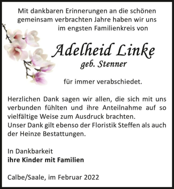 Traueranzeige von Adelheid Linke (geb. Stenner)  von Magdeburger Volksstimme