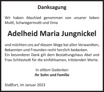 Traueranzeige von Adelheid Maria Jungnickel  von Magdeburger Volksstimme