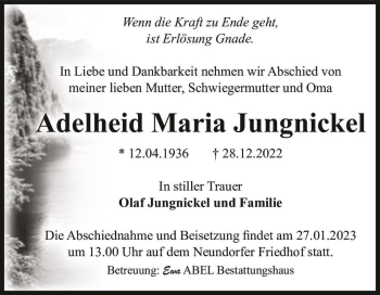 Traueranzeige von Adelheid Maria Jungnickel  von Magdeburger Volksstimme