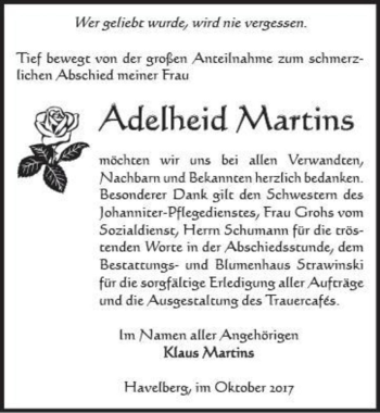 Traueranzeige von Adelheid Martins  von Magdeburger Volksstimme