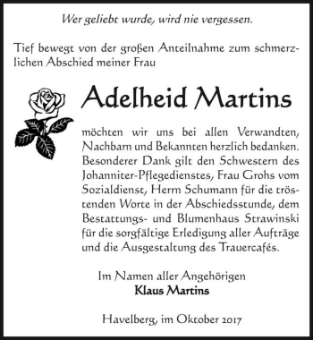 Traueranzeige von Adelheid Martins  von Magdeburger Volksstimme