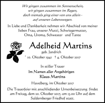 Traueranzeige von Adelheid Martins (geb. Jandrich)  von Magdeburger Volksstimme