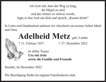 Traueranzeige von Adelheid Metz (geb. Lemke)  von Magdeburger Volksstimme