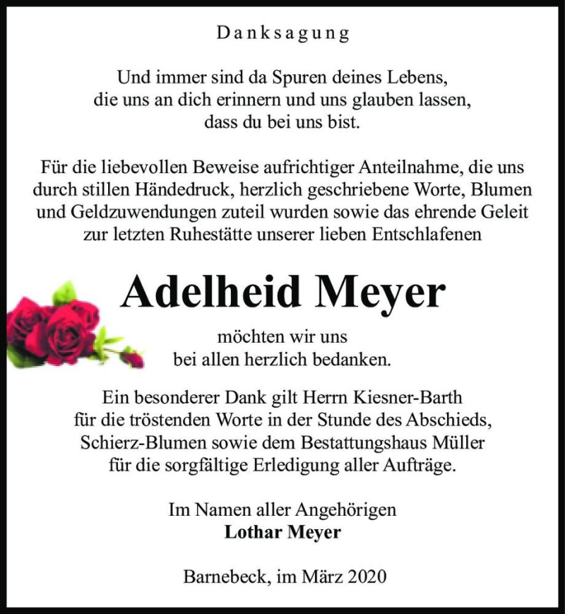  Traueranzeige für Adelheid Meyer  vom 14.04.2020 aus Magdeburger Volksstimme