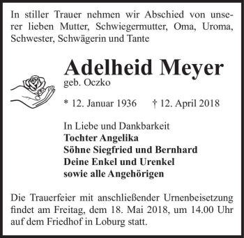 Traueranzeige von Adelheid Meyer (geb. Oczko)  von Magdeburger Volksstimme