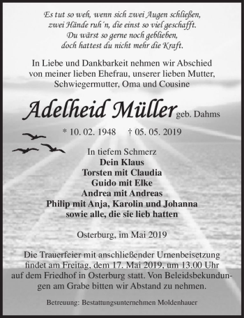 Traueranzeige von Adelheid Müller (geb. Dahms)  von Magdeburger Volksstimme