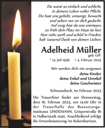 Traueranzeige von Adelheid Müller (geb. Gill)  von Magdeburger Volksstimme
