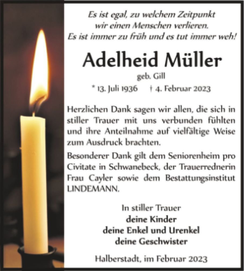 Traueranzeige von Adelheid Müller (geb. Gill)  von Magdeburger Volksstimme