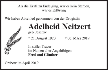 Traueranzeige von Adelheid Neitzert (geb. Jeschke)  von Magdeburger Volksstimme