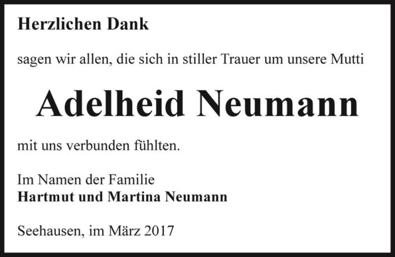  Traueranzeige für Adelheid Neumann  vom 11.04.2017 aus Magdeburger Volksstimme
