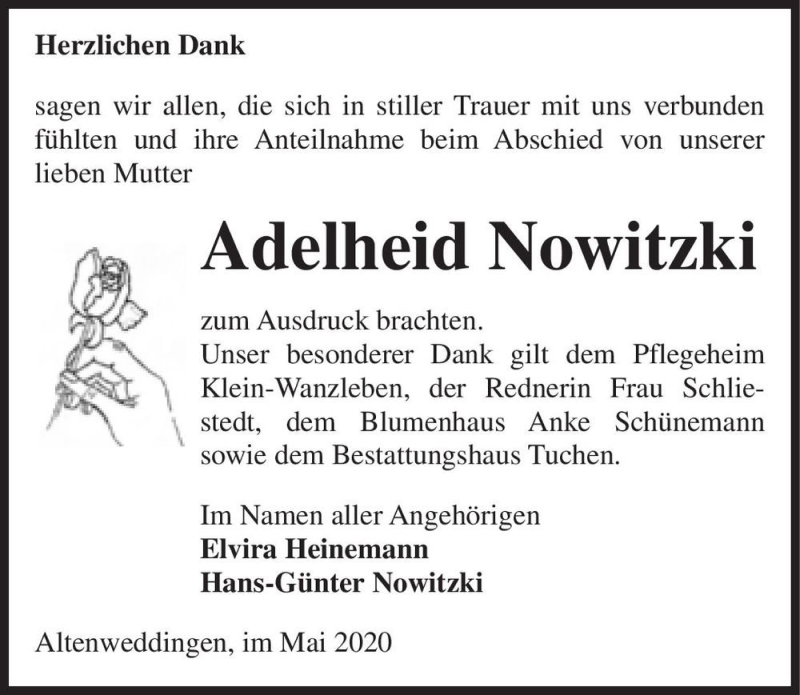  Traueranzeige für Adelheid Nowitzki  vom 02.05.2020 aus Magdeburger Volksstimme