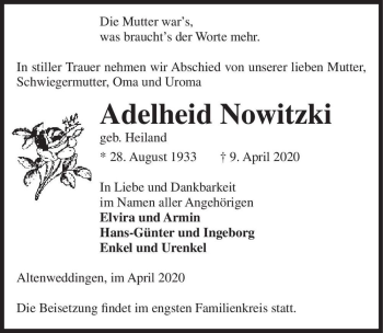 Traueranzeige von Adelheid Nowitzki (geb. Heiland)  von Magdeburger Volksstimme
