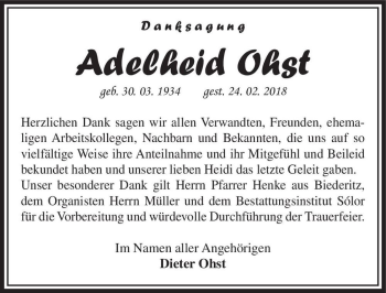 Traueranzeige von Adelheid Ohst  von Magdeburger Volksstimme