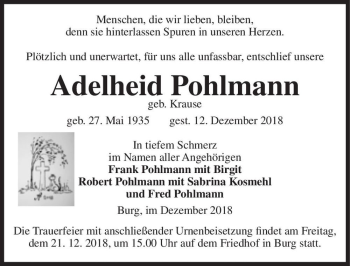 Traueranzeige von Adelheid Puhlmann (geb. Krause)  von Magdeburger Volksstimme