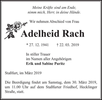 Traueranzeige von Adelheid Rach  von Magdeburger Volksstimme