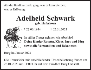 Traueranzeige von Adelheid Schwark (geb. Haferkorn)  von Magdeburger Volksstimme