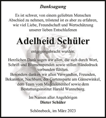 Traueranzeige von Adelheid Schüler  von Magdeburger Volksstimme