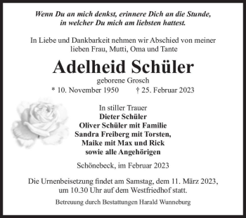 Traueranzeige von Adelheid Schüler (geb. Grosch)  von Magdeburger Volksstimme