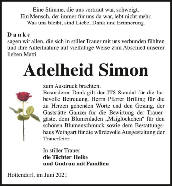 Traueranzeige von Adelheid Simon  von Magdeburger Volksstimme