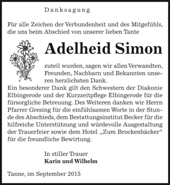 Traueranzeige von Adelheid Simon  von Magdeburger Volksstimme