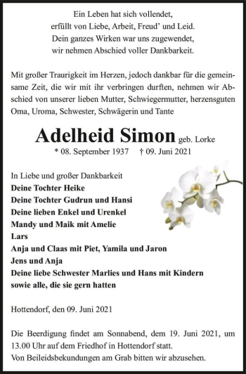 Traueranzeige von Adelheid Simon (geb. Lorke)  von Magdeburger Volksstimme
