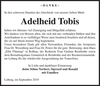 Traueranzeige von Adelheid Tobis  von Magdeburger Volksstimme
