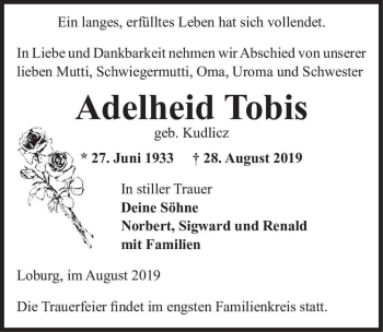 Traueranzeige von Adelheid Tobis (geb. Kudlicz)  von Magdeburger Volksstimme