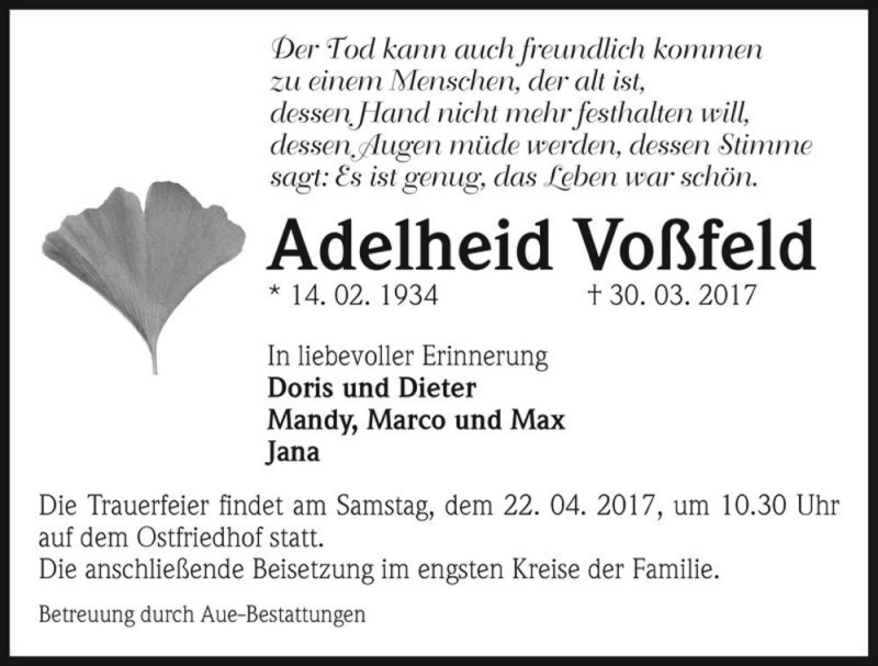  Traueranzeige für Adelheid Voßfeld  vom 08.04.2017 aus Magdeburger Volksstimme