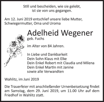 Traueranzeige von Adelheid Wegener (geb. Fuchs)  von Magdeburger Volksstimme