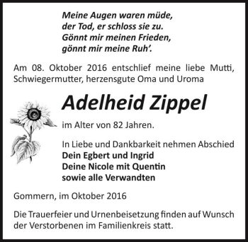Traueranzeige von Adelheid Zippel  von Magdeburger Volksstimme