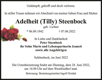 Traueranzeige von Adelheit (Tilly) Steenbock (geb. Lichter)  von Magdeburger Volksstimme