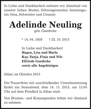 Traueranzeige von Adelinde Neuling (geb. Gaedecke)  von Magdeburger Volksstimme
