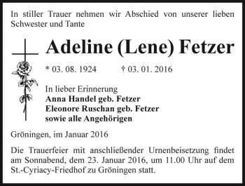 Traueranzeige von Adeline (Lene) Fetzer  von Magdeburger Volksstimme