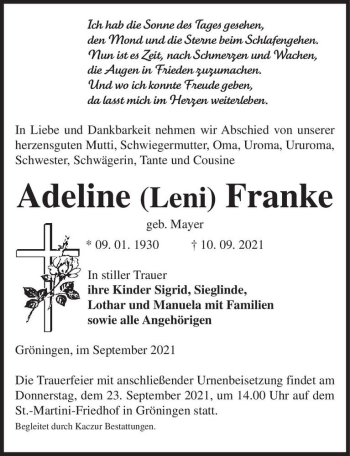 Traueranzeige von Adeline 