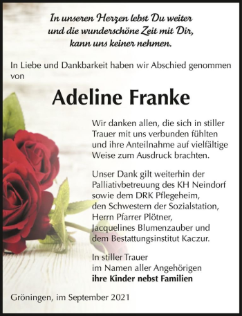 Traueranzeige von Adeline Franke  von Magdeburger Volksstimme