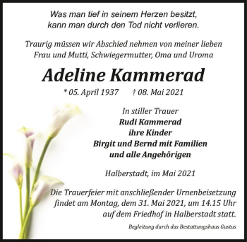 Traueranzeige von Adeline Kammerad  von Magdeburger Volksstimme
