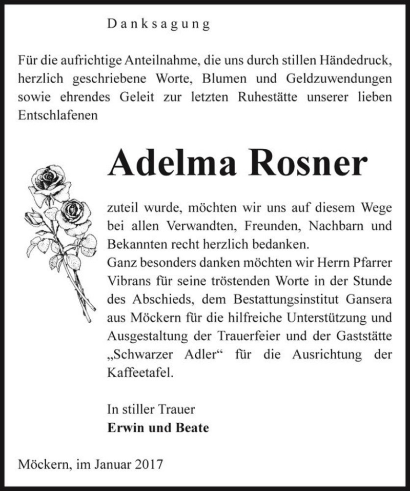  Traueranzeige für Adelma Rosner  vom 14.01.2017 aus Magdeburger Volksstimme