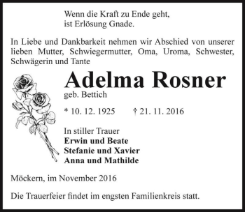 Traueranzeige von Adelma Rosner (geb. Bettich)  von Magdeburger Volksstimme