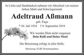 Traueranzeige von Adeltraud Aßmann (geb. Enge)  von Magdeburger Volksstimme